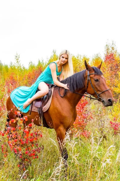 Блондинка верхи на коні прогулянки по осінньому лісу — стокове фото