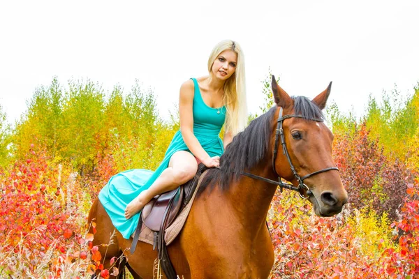 Blond, berijden van een paard loopt door de herfst bos — Stockfoto
