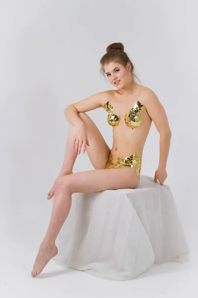 Girl Swimsuit Made Foil Light Background — Stock Photo, Image