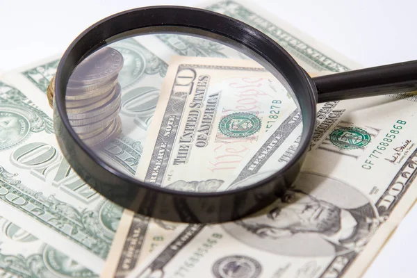Magnifier Lies Small Bills American Dollars — Stock Photo, Image