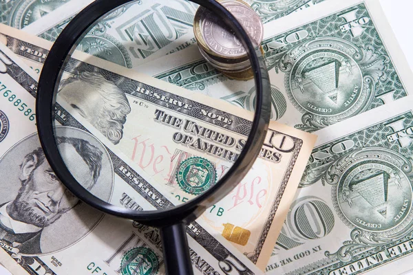 Magnifier Lies Small Bills American Dollars — Stock Photo, Image