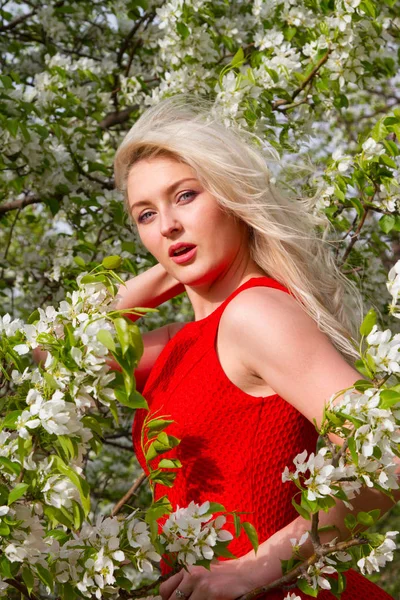 在花园里开花的树木中的红色礼服的金发女郎 — 图库照片