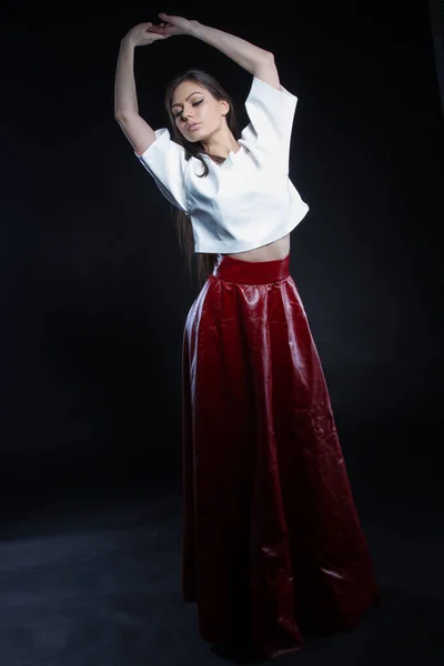 Emotional Young Girl Leather Clothes Studio Portrait — Stock Photo, Image