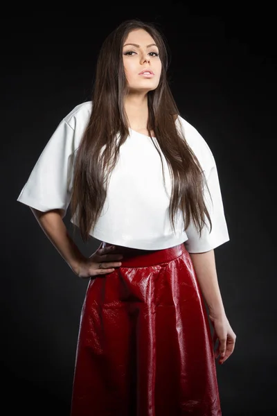 Emotional Young Girl Leather Clothes Studio Portrait — Stock Photo, Image