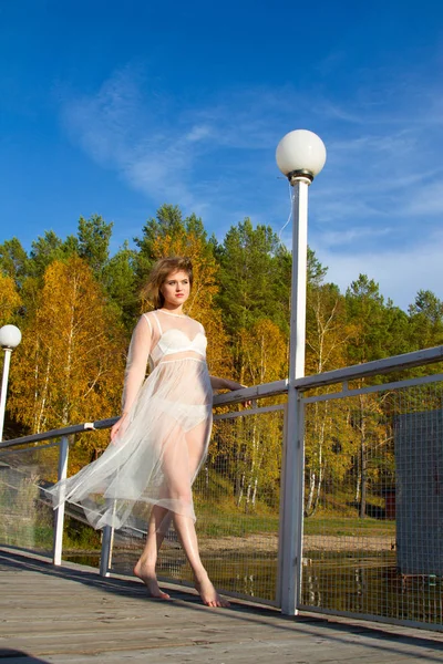 Şeffaf Beyaz Elbiseli Kız Ahşap Bir Köprüde Duruyor — Stok fotoğraf