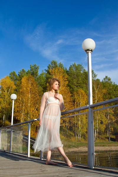 Şeffaf Beyaz Elbiseli Kız Ahşap Bir Köprüde Duruyor — Stok fotoğraf