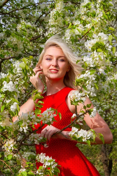 Blonde Dans Jardin Parmi Les Arbres Fleurs — Photo