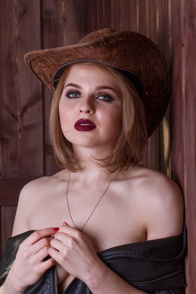 Girl Hat Leather Jacket — Stock Photo, Image