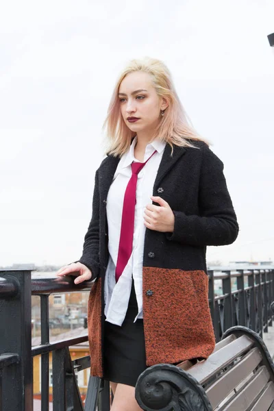 Young Business Woman Stands Metal Fence — Stock Photo, Image