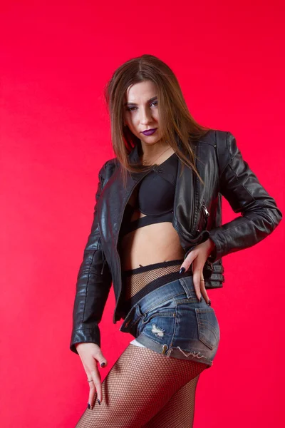 Girl Leather Jacket Denim Shorts Studio Portrait — Stock Photo, Image