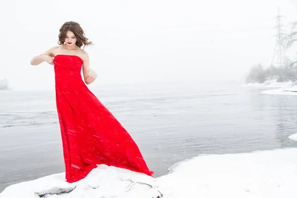 Ein Junges Mädchen Einem Langen Roten Kleid Steht Einem Verschneiten — Stockfoto