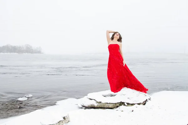 Ένα Νεαρό Κορίτσι Ένα Μακρύ Κόκκινο Φόρεμα Στέκεται Μια Χιονισμένη — Φωτογραφία Αρχείου