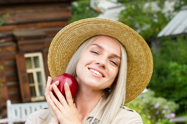 Blonde Holds Hands Red Apple — Stock Photo, Image