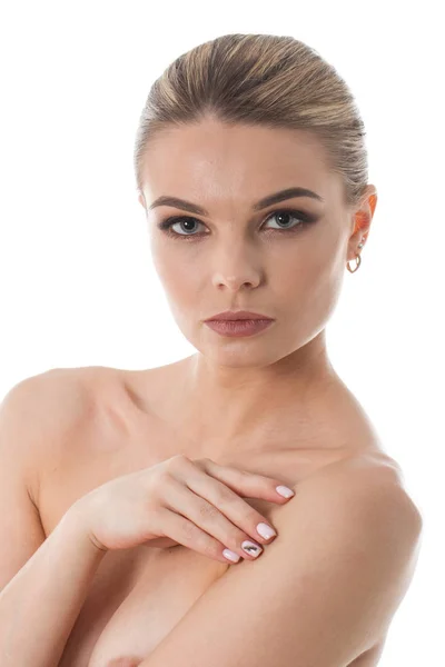 Retrato Estudio Una Joven Con Maquillaje Brillante Sobre Fondo Blanco —  Fotos de Stock