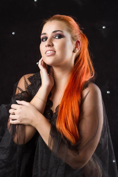 Beautiful Young Girl Long Red Hair Transparent Peignoir — Stock Photo, Image
