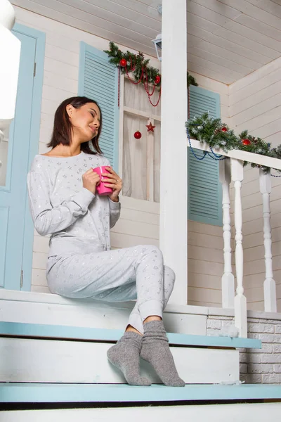 Beautiful Young Girl Pajamas Mug Tea Sits Porch Wooden House — Stock Photo, Image