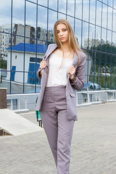 Beautiful Young Girl Trouser Suit Background Office Building — Stock Photo, Image