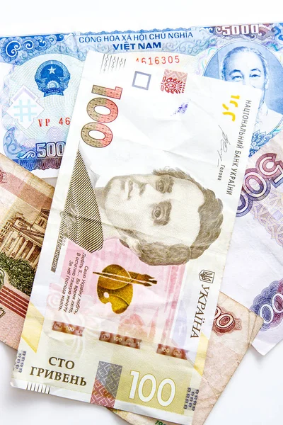 Russian Ukrainian Vietnamese Money White Background — Stock Photo, Image