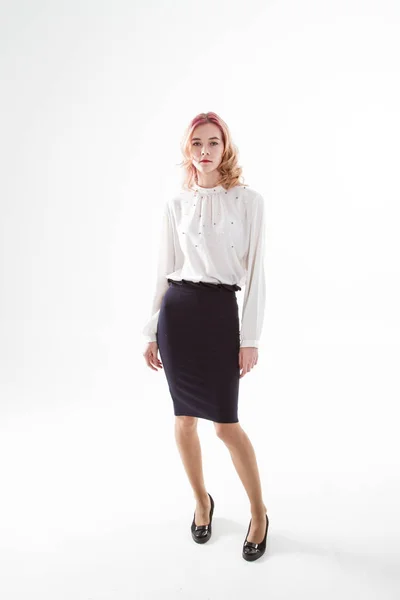 Beautiful Young Girl Black Skirt White Shirt White Background Studio — Stock Photo, Image