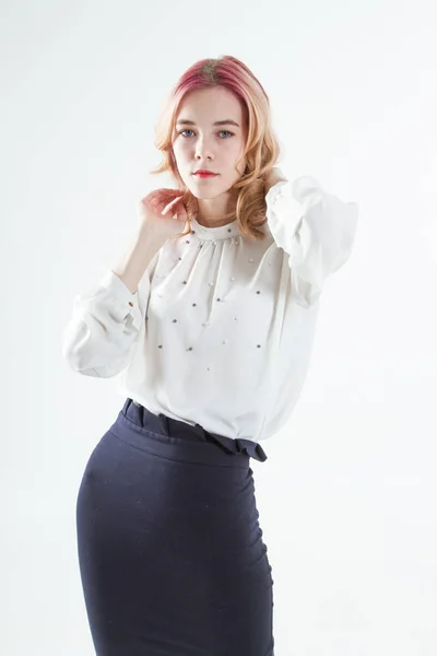 Young Girl Dark Skirt White Sweater Isolated White — Stock Photo, Image