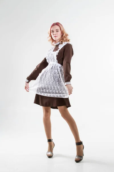 Schoolmeisje Schooluniform Geïsoleerd Witte Achtergrond — Stockfoto