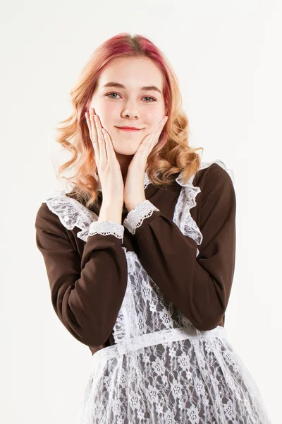 Schoolgirl School Uniform Isolated White Background — Stock Photo, Image