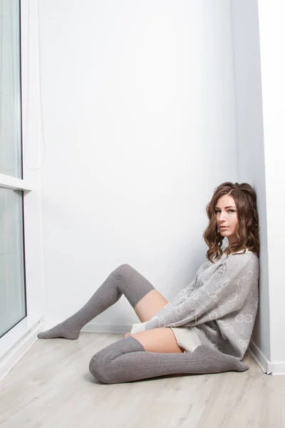 Young Girl Sweater Leggings Room Front Window — 스톡 사진