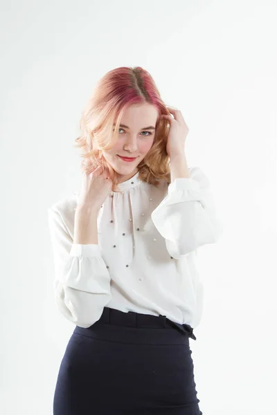 Young Blonde White Sweater Dark Skirt Studio Portrait White Background — 스톡 사진