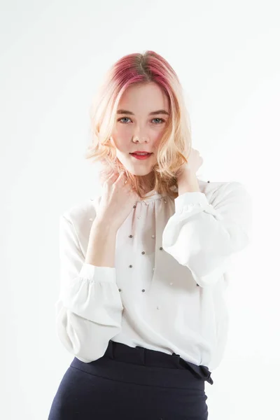 Young Blonde White Sweater Dark Skirt Studio Portrait White Background — 스톡 사진