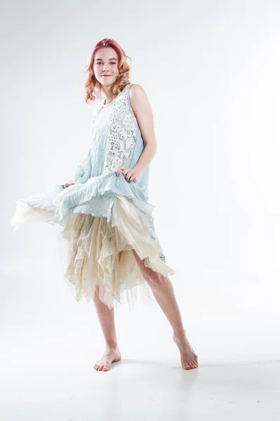 Beautiful Young Girl Barefoot Long Dress White Background Studio Portrait — Stock Photo, Image