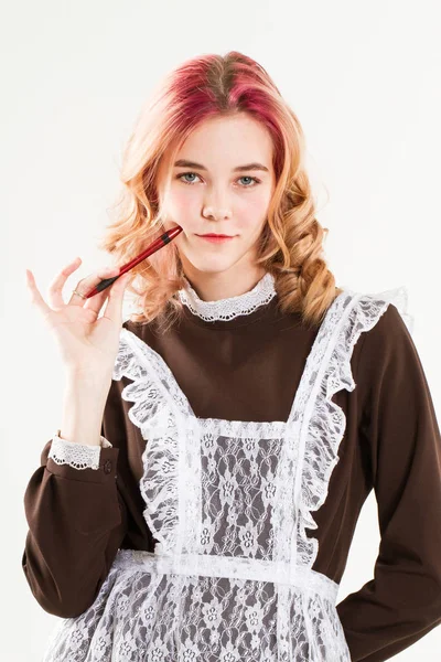 High School Student Pen Her Hands Studio Portrait White Background — Stock Photo, Image