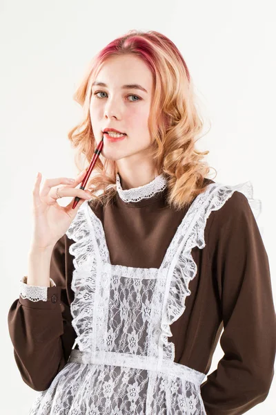 Middelbare Scholier Met Een Pen Haar Handen Studio Portret Een — Stockfoto