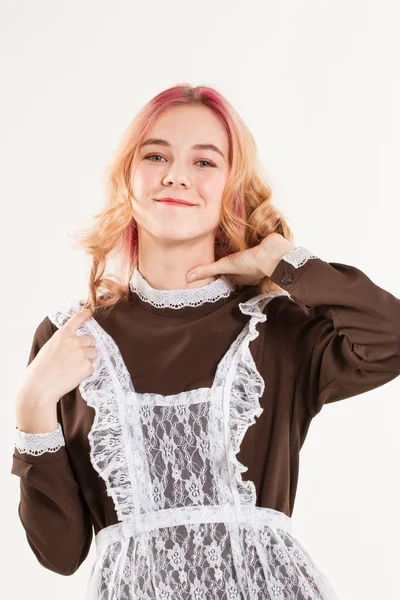 Skolflicka Skoluniform Studio Porträtt Vit Bakgrund — Stockfoto