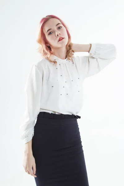 Young Girl White Shirt Dark Skirt Isolated White Background — Stock Photo, Image