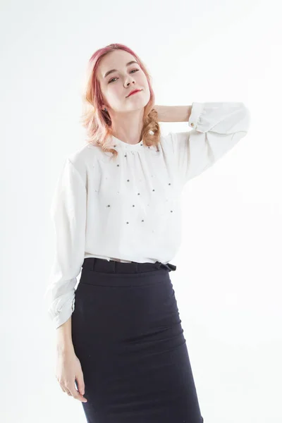 Young Girl White Shirt Dark Skirt Isolated White Background — Stock Photo, Image