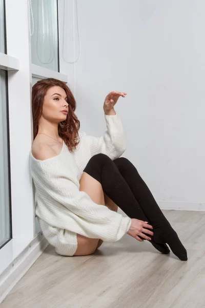 Young Girl Sits Floor Room Window — Stok fotoğraf