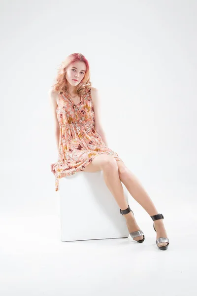 Young Girl Sitting Cube Studio Portrait White Background — Stock Photo, Image