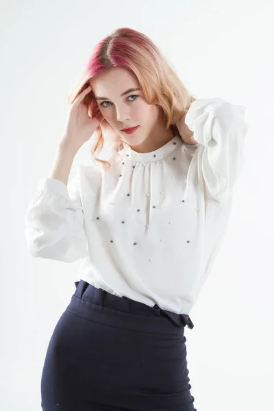 Blonde White Shirt Dark Skirt Portrait White Background — 스톡 사진