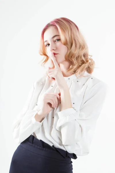 Blonde White Shirt Dark Skirt Portrait White Background — 스톡 사진