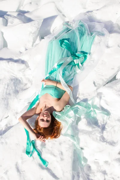 Young Girl Dress Lies Snowy Ice Lake Baikal — Stock Photo, Image