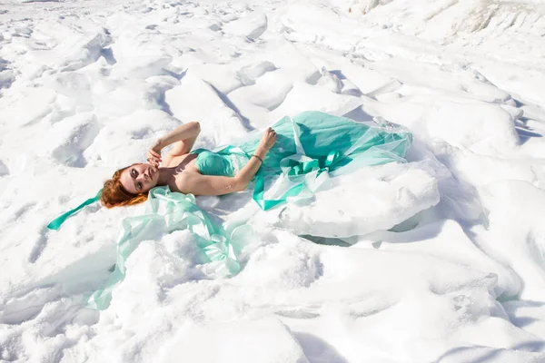 Young Girl Dress Lies Snowy Ice Lake Baikal — Stock Photo, Image
