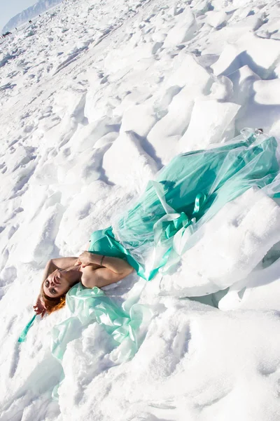 Young Girl Dress Lies Snowy Ice Lake Baikal — Stock Photo, Image