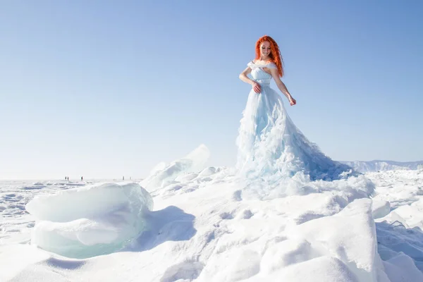 Slender Young Girl Long Evening Dress Ice Lake Baikal — Stock Photo, Image