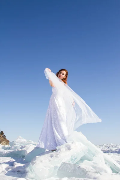 Girl White Dress Stands Ice Floe Lake Baikal — Stock Photo, Image