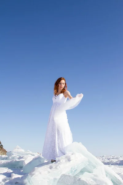 Girl White Dress Stands Ice Floe Lake Baikal — Stock Photo, Image