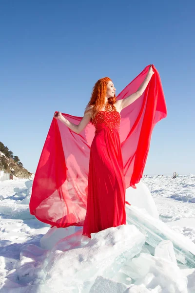 Girl Red Dress Stands Ice Floe Lake Baikal — Stock Photo, Image