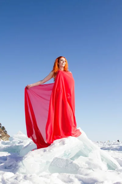Girl Red Dress Stands Ice Floe Lake Baikal — Stock Photo, Image