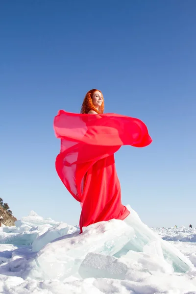 Girl Red Dress Stands Ice Floe Lake Baikal — Stock Photo, Image