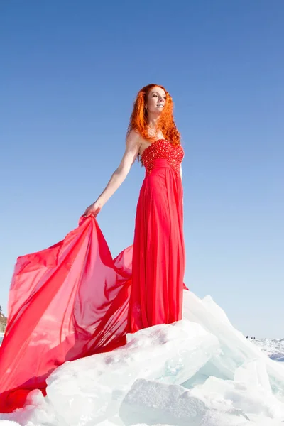 Girl Red Dress Stands Ice Floe Lake Baikal — Stock Photo, Image