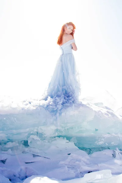 Girl Long Evening Dress Stands Ice Lake Baikal — Stock Photo, Image